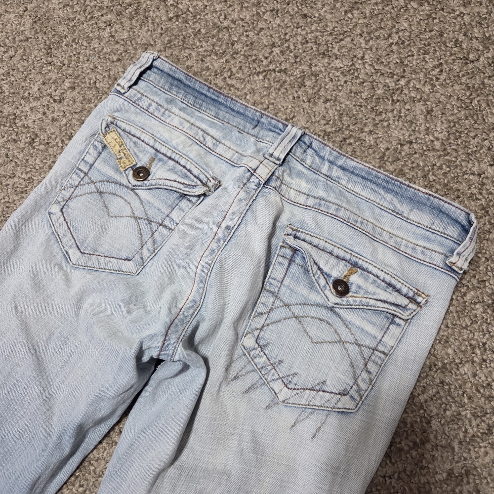 VTG LEI Women's y2k Low Rise Hip Hugger Yellow Flower‎ Stitch Flared Jeans 31x32 - Picture 10 of 16